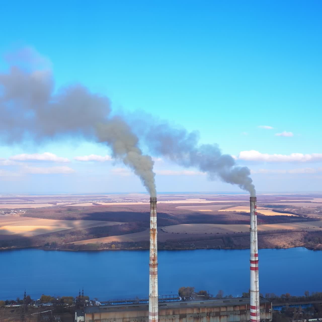 Aerial view of smoking factory tubes. Industry energy producing air pollution. Full length view