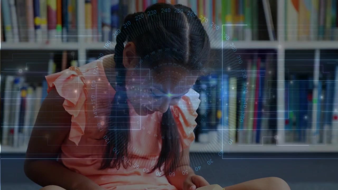 Girl reader opening book on carpeted floor, HUD overlay drifting across pages, aiding education
