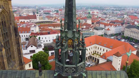 aerial view of historic city with ornate church spire