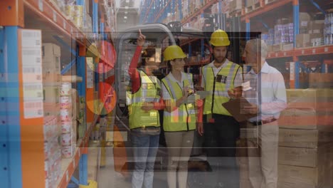 Animation-of-financial-data-over-diverse-female-and-male-warehouse-workers