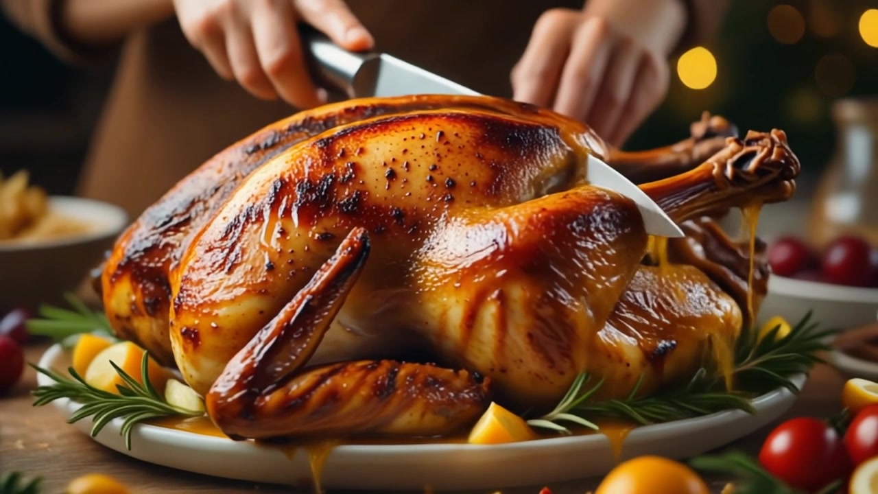 Person Carving Roasted Turkey for Holiday Dinner