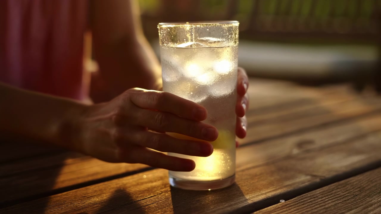Donna caucasica che tiene un bicchiere di limonata ghiacciata su un patio di legno al tramonto, goccioline di condensa sul bicchiere