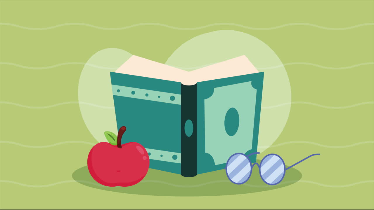 biblioteca de libros de texto con animación de manzana