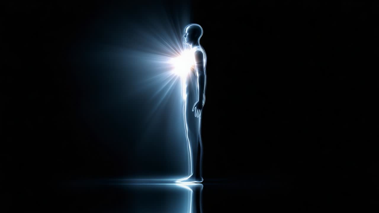 A Captivating Visualization of the Human Form Radiating Light, Symbolizing Inner Energy and Vibrational Frequency, Set Against a Mysterious Dark Background for Maximum Impact and Emphasis on Spiritual Awakening