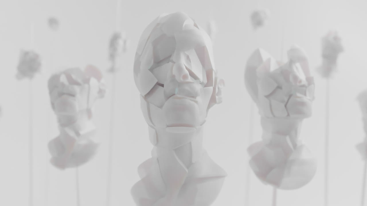 Multiple crushed android heads on spikes in white space