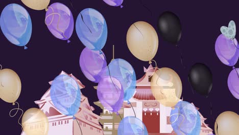 Digital-animation-of-multiple-balloons-floating-over-ancient-pagoda-against-black-background