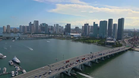 Aerial-drone-shot-of-Miami-Macarthur-Causeway-Bridge,-Florida,-USA