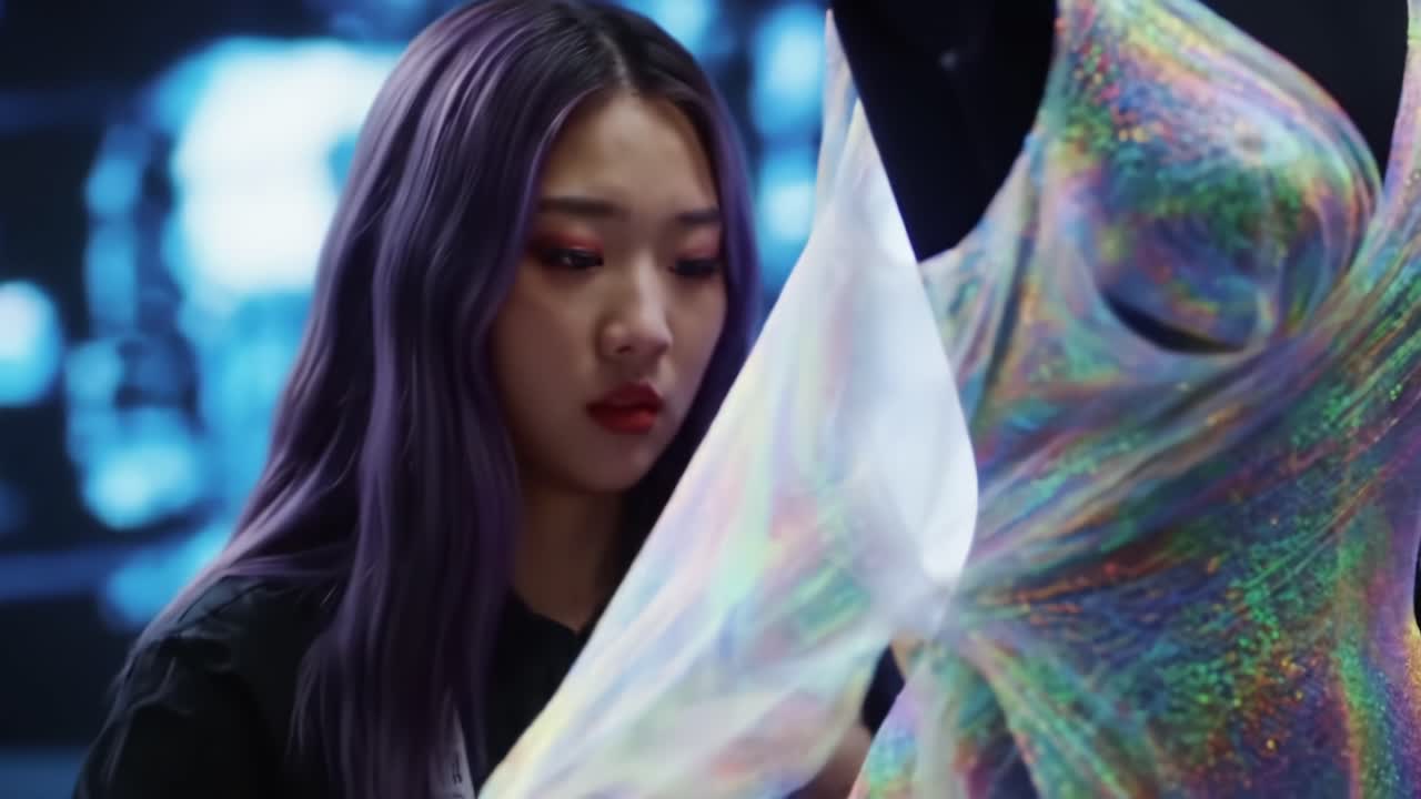 A Fashion Enthusiast Examines a Dazzling Shimmering Dress with Careful Attention to Detail in a Vibrant Creative Environment