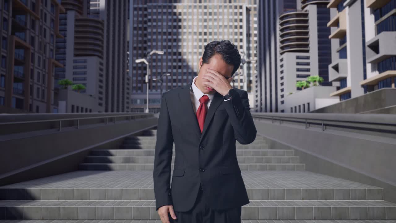 도시 에서 서 있는 아시아인 사업가 가 두통 을 고 있다