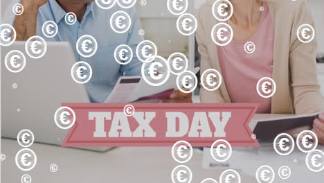 animation of euro symbols over tax day text and diverse business people doing paperwork