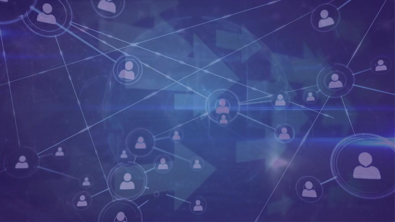 Animation of network of profile icons and arrow icons against light trails on blue background