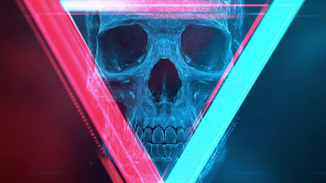 Un design futuristico di teschio in una cornice triangolare al neon riflette una miscela unica di arte digitale e simbolismo astratto, ideale per temi di fantascienza e horror.