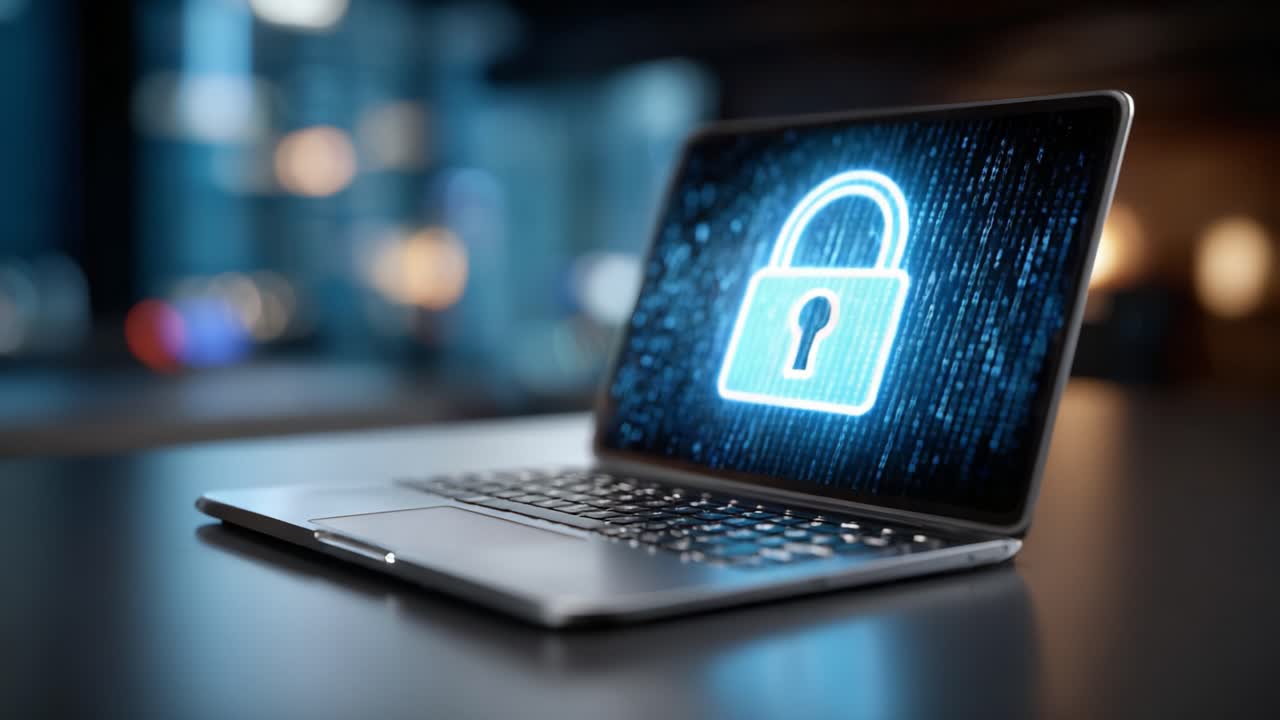 A laptop displaying a digital lock symbol amidst a backdrop of cascading binary code, emphasizing themes of cybersecurity and data protection in a modern technological environment
