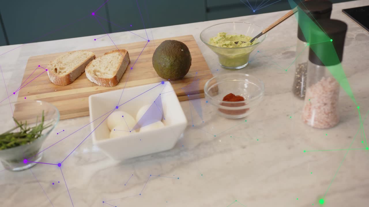 Overlay drifting and fading, revealing bread, eggs, avocado, herbs, spice, knife, showing prep