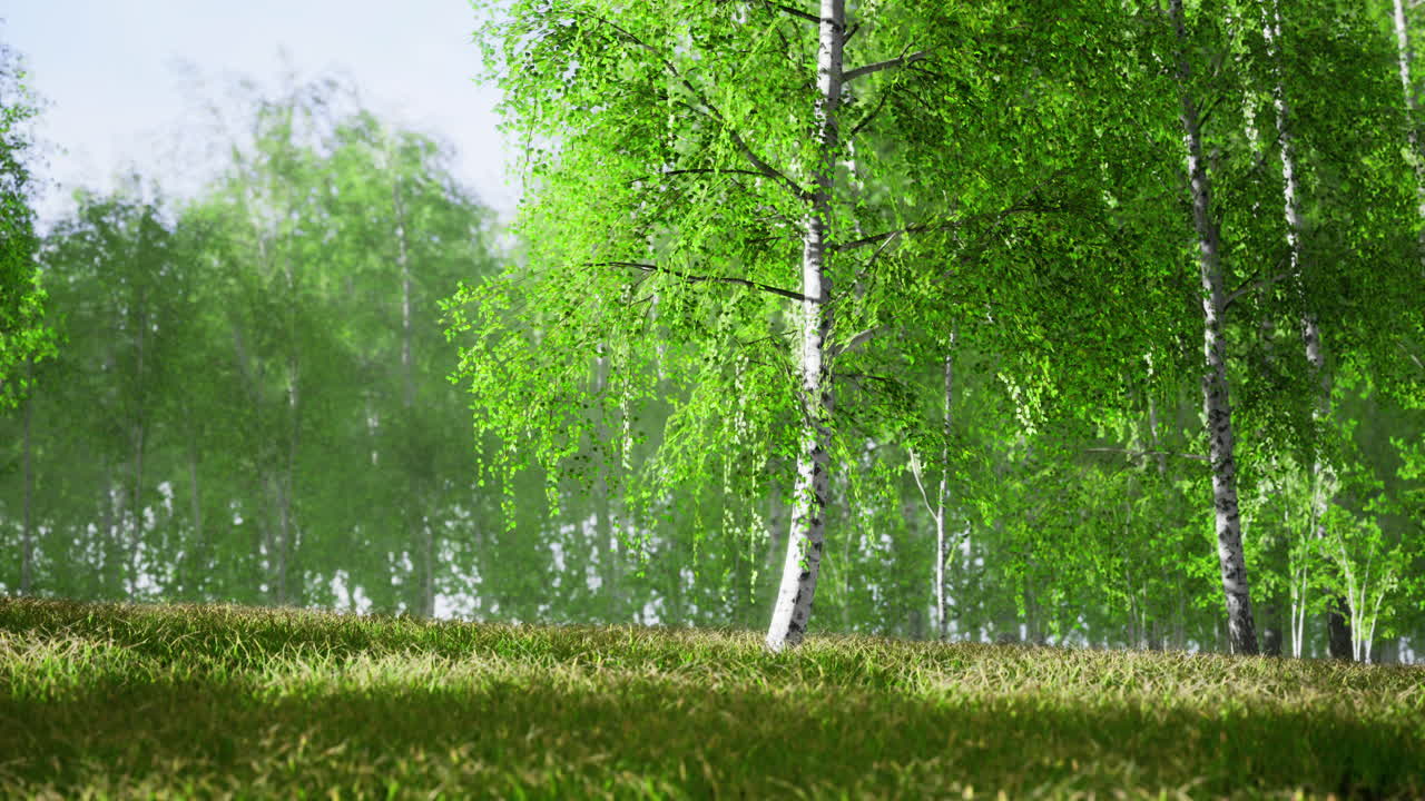 Serene grove of vibrant green trees under a bright sky in springtime