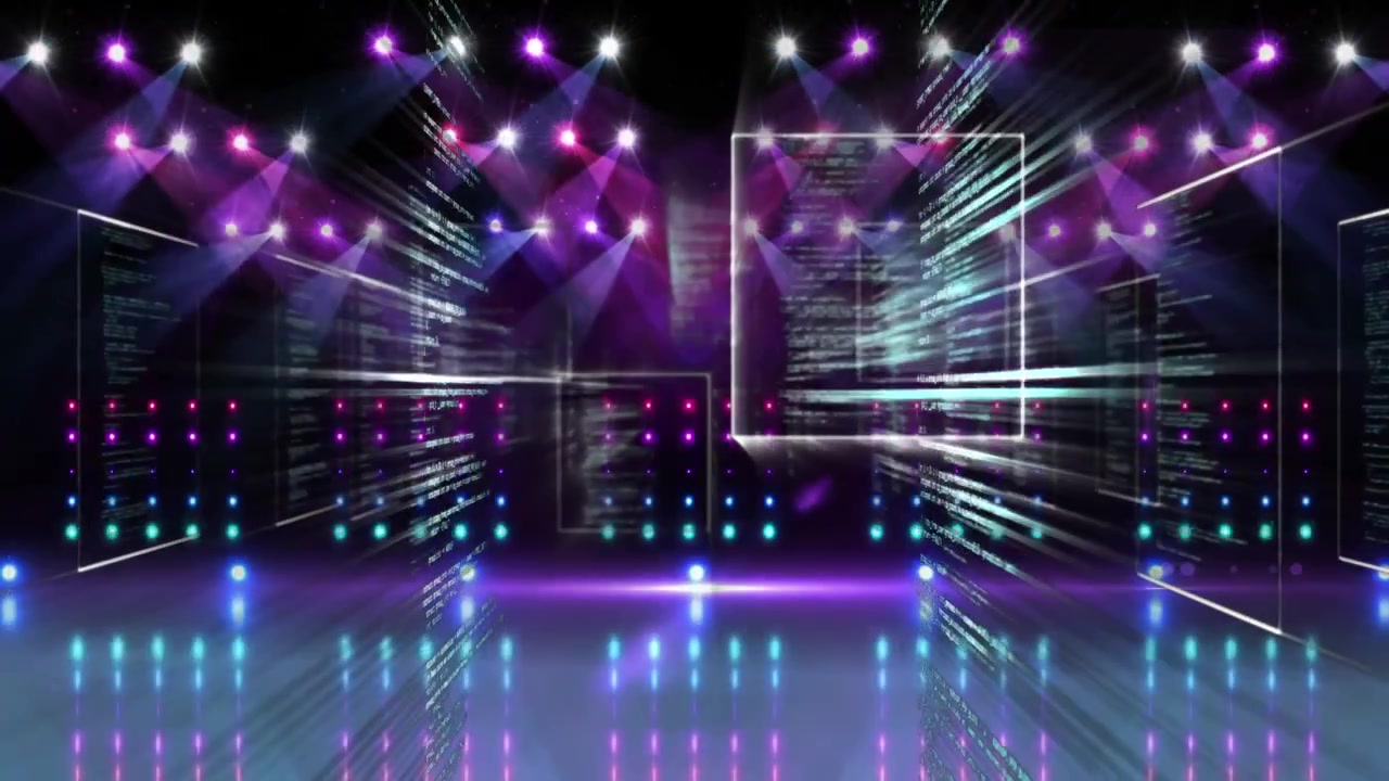 Animazione di elaborazione dati con luci da discoteca su sfondo nero