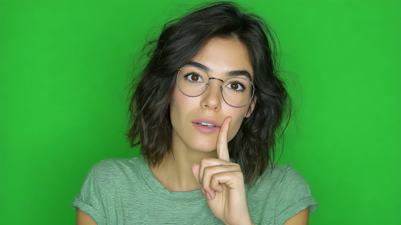 Expresión Cautivadora: Una Mujer Joven con Gafas Posa Juguetonamente Contra un Fondo Verde Vibrante, Haciendo un Gesto para Guardar un Secreto o Mantener Silencio de Manera Desenfadada