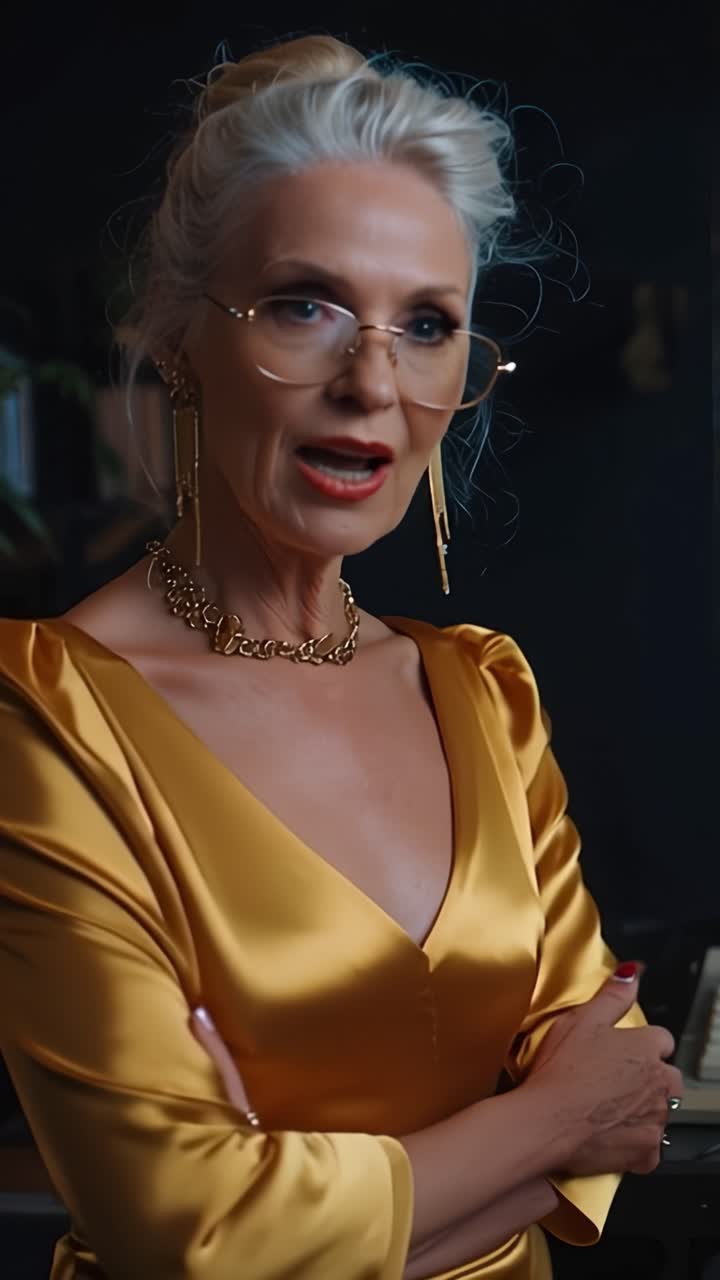 Selvsikker elegance: Et portræt af en glamourøs person i en luksuriøs guldkjole, der fremhæver karisma og moderne raffinement mod en vintage baggrund.