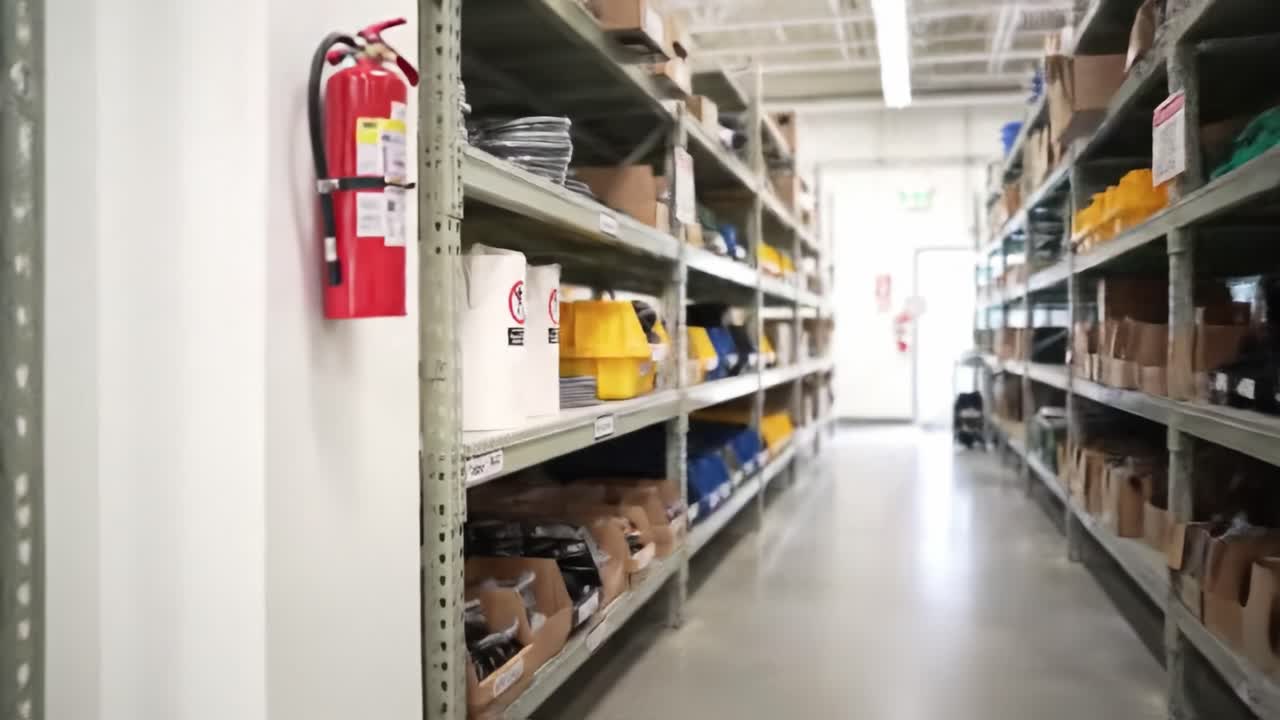Organized Warehouse Aisle with Inventory Storage Bins and Safety Equipment in a Commercial Facility Setting