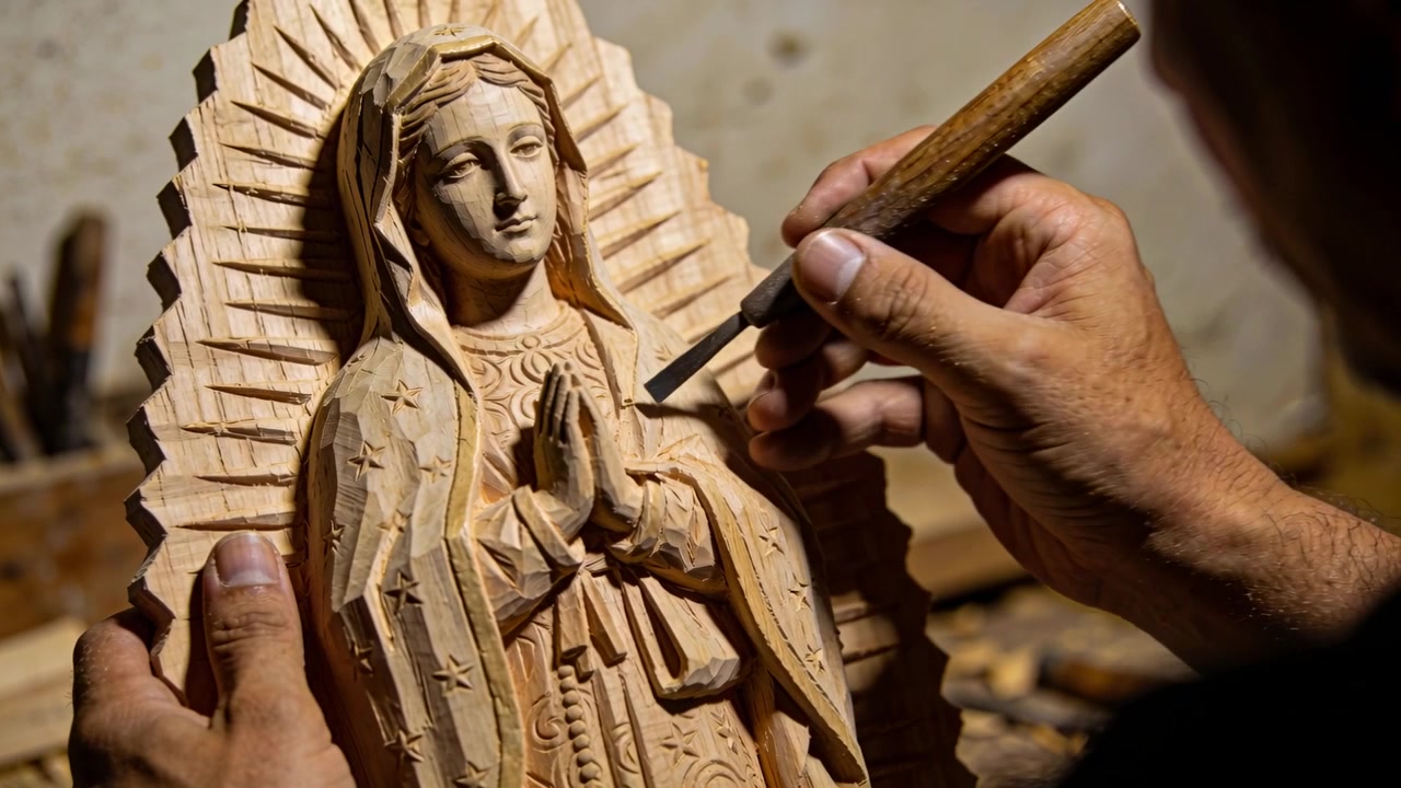 Artisan en chemise foncée positionnant un ciseau, sculptant une statue en bois à l'établi, affinant les plis de la robe.