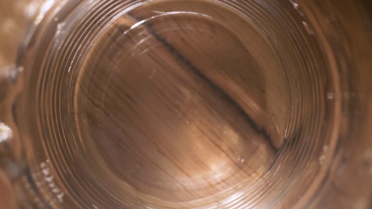 Primo piano di acqua in un bicchiere che trema su un tavolo di legno