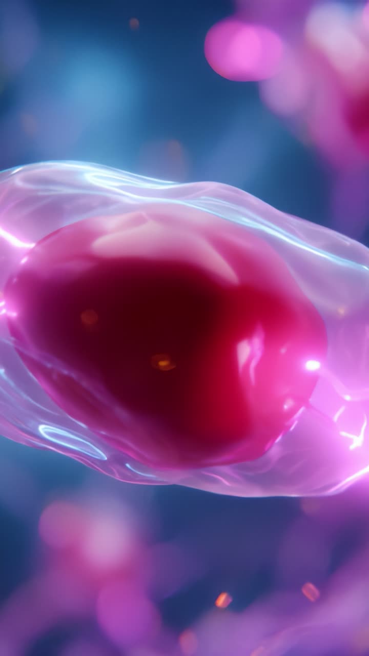 Primer plano abstracto de vibrantes células rosas en movimiento rodeadas de luz etérea, que muestra las complejidades de la estructura celular y la interacción biológica