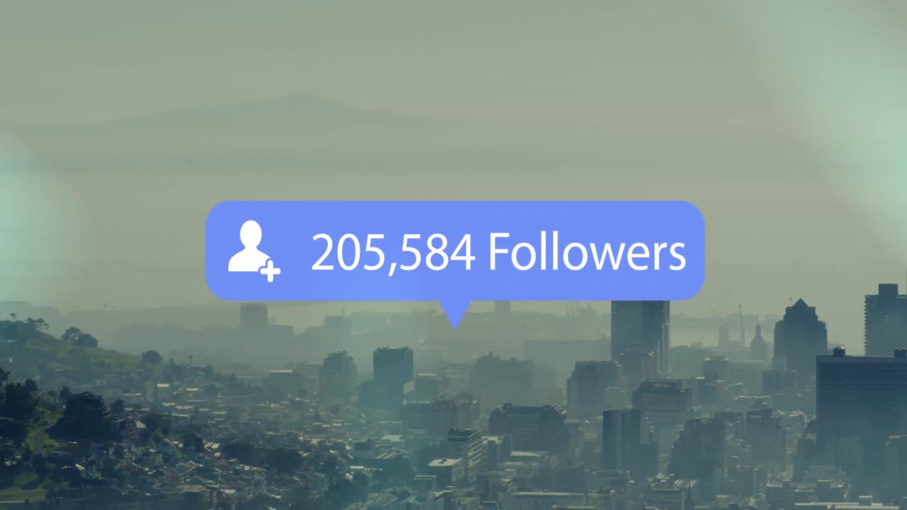 Animation of social media icons and data processing over cityscape