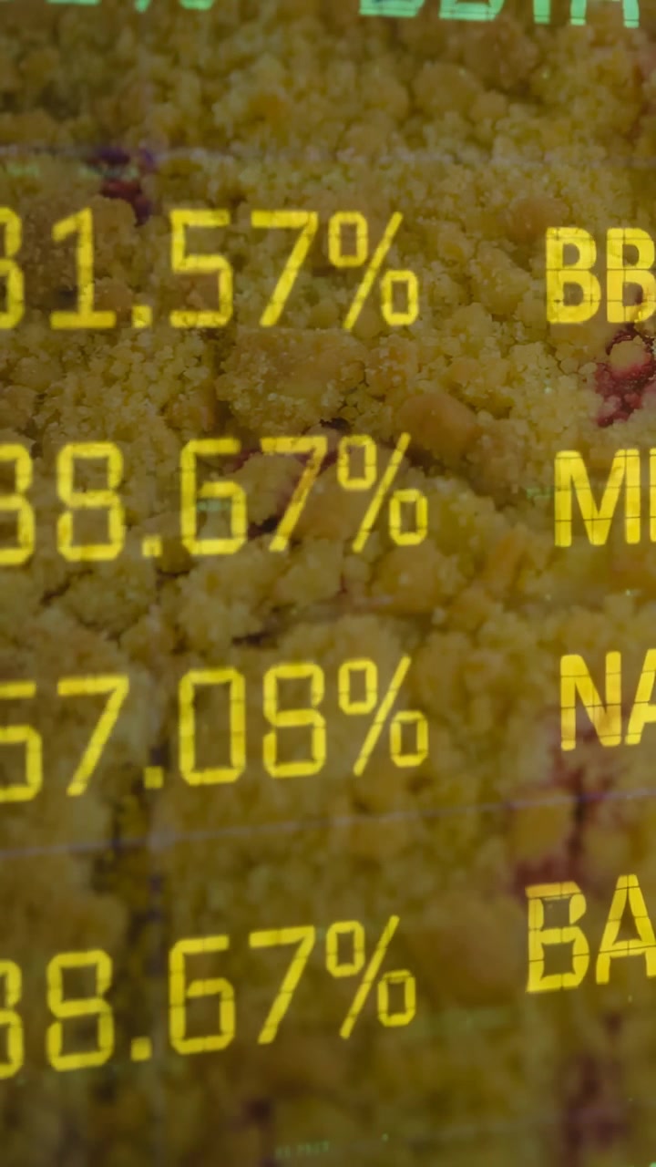 Vertical video: Data overlay scrolling over crumbly yellow surface, updating finance % on refresh