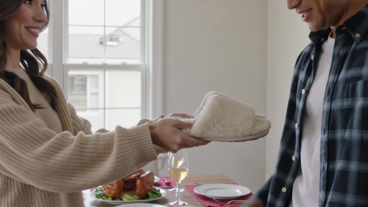 Mulher de suéter bege mostrando um pano branco à mesa de jantar, enquanto homem de camisa xadrez estende a mão, segurando.