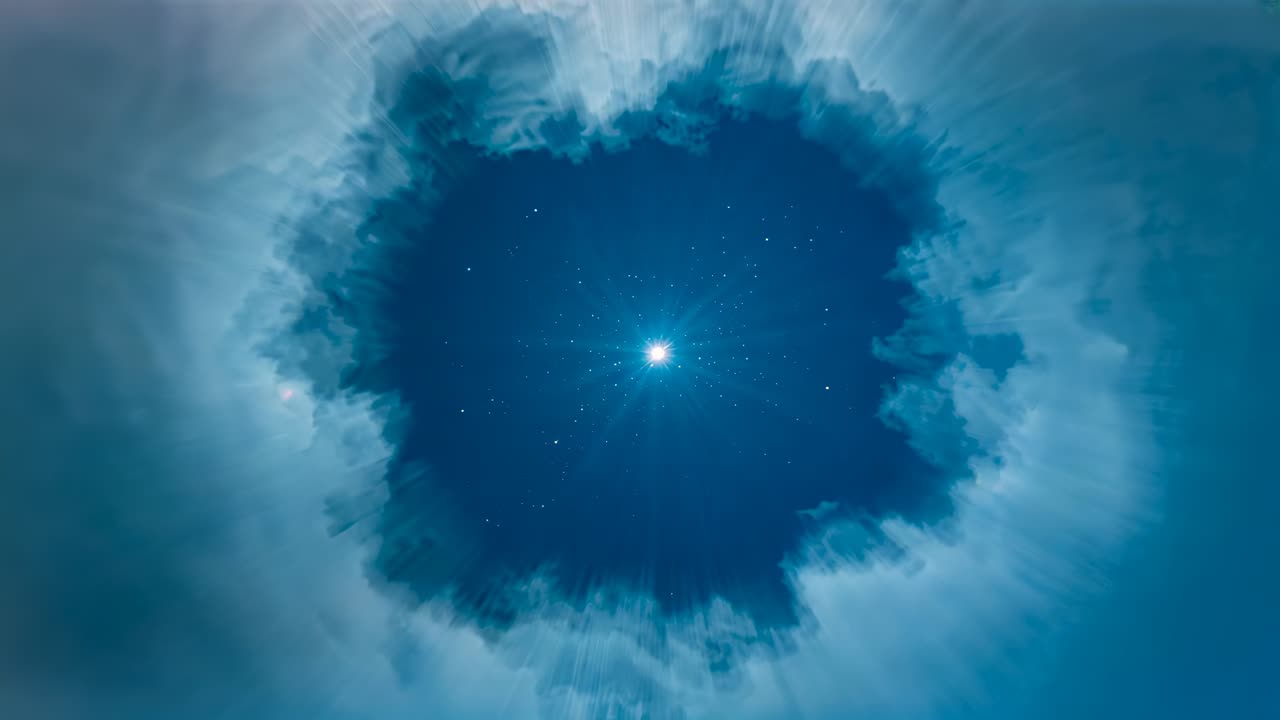 Pulsing central star at night sending rays and sparks as clouds shift, ember glowing then settling