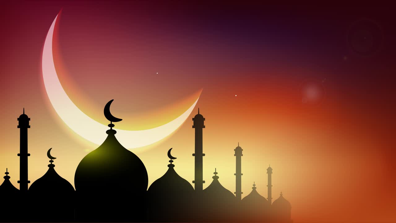 Illustrazione animata dell'atmosfera notturna alla moschea nel mese di Ramadan con la luce della luna e accompagnata da stelle scintillanti e bagliori