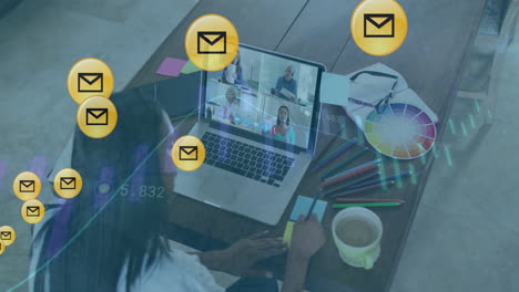 animation of email icons financial data processing over diverse business people on laptop video call