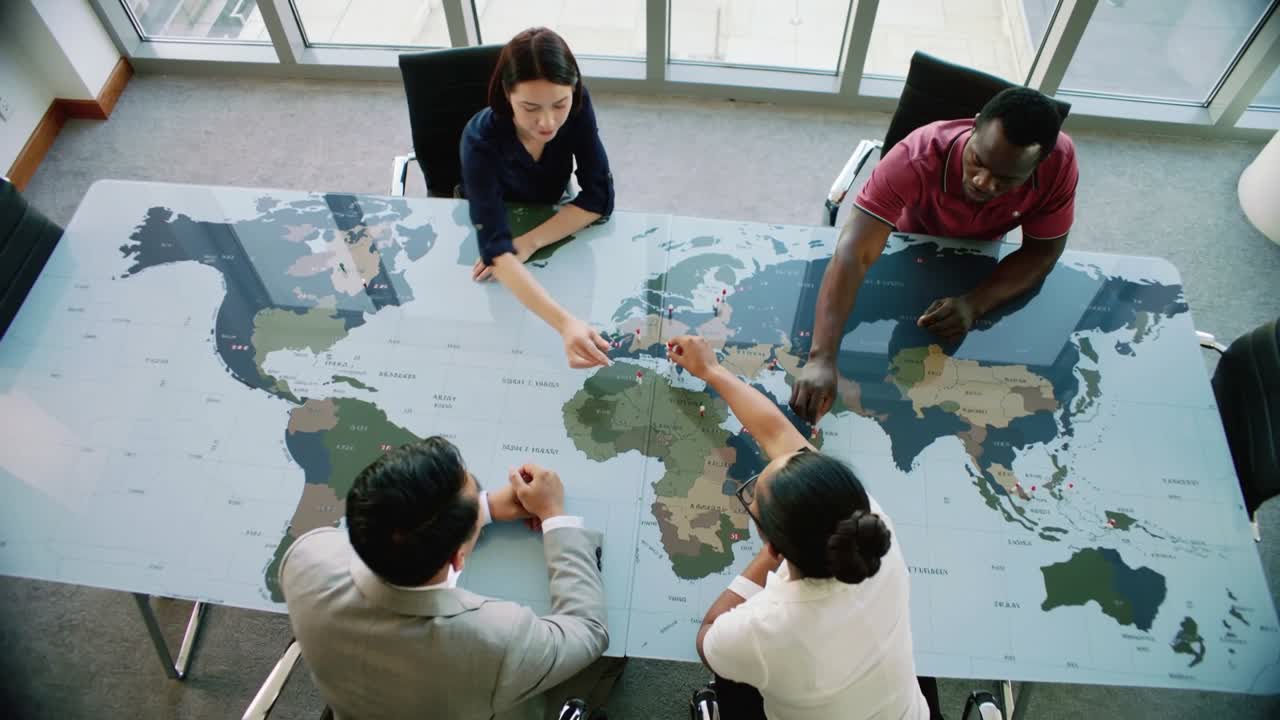 Pointing top woman in work clothes guiding team comparing map table at meeting with green folder