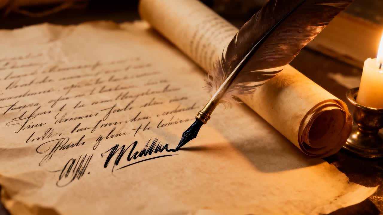 Drawing quill nib forming signature at desk after touching parchment, finishing letter by candle