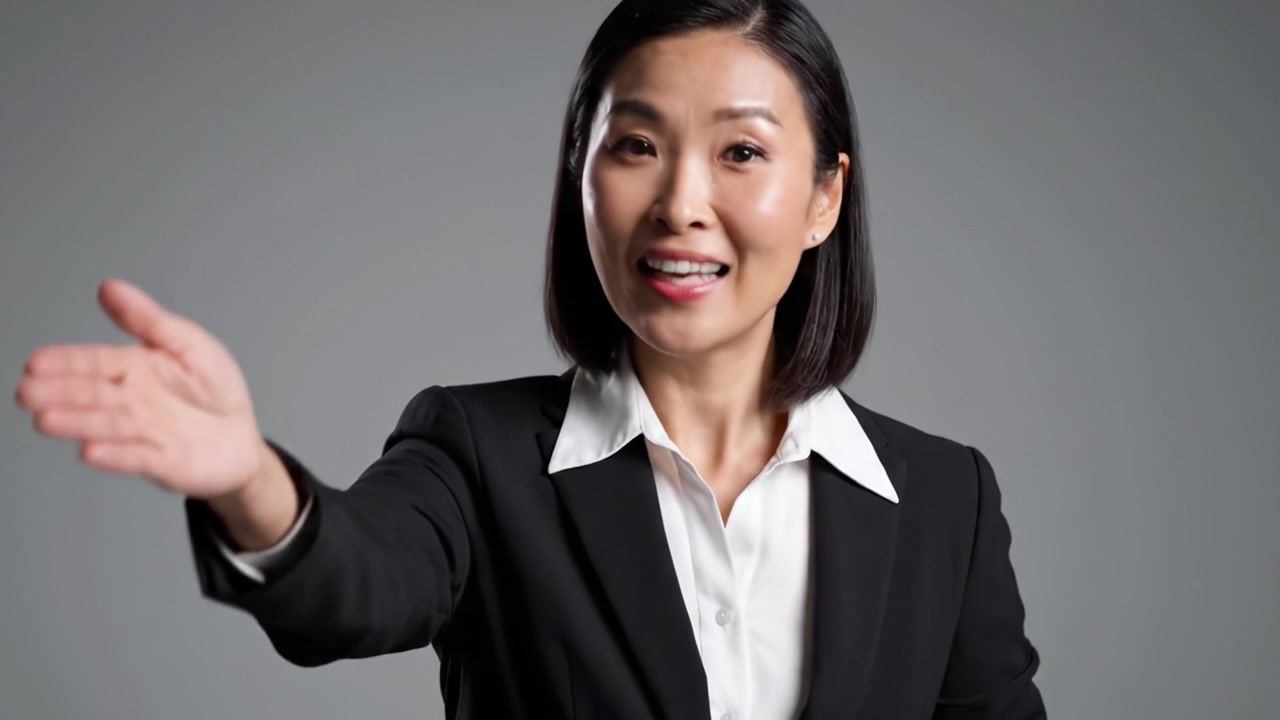 A Confident Businesswoman Engaging with the Audience Through Warm Expressions and Gestures in a Professional Setting