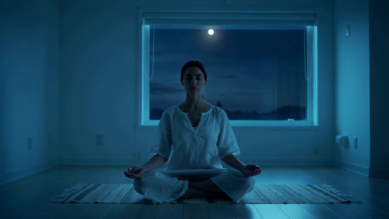 Respirando, donna in abito bianco che medita su un tappeto intrecciato in una piccola stanza, con la luna piena che cattura l'attenzione