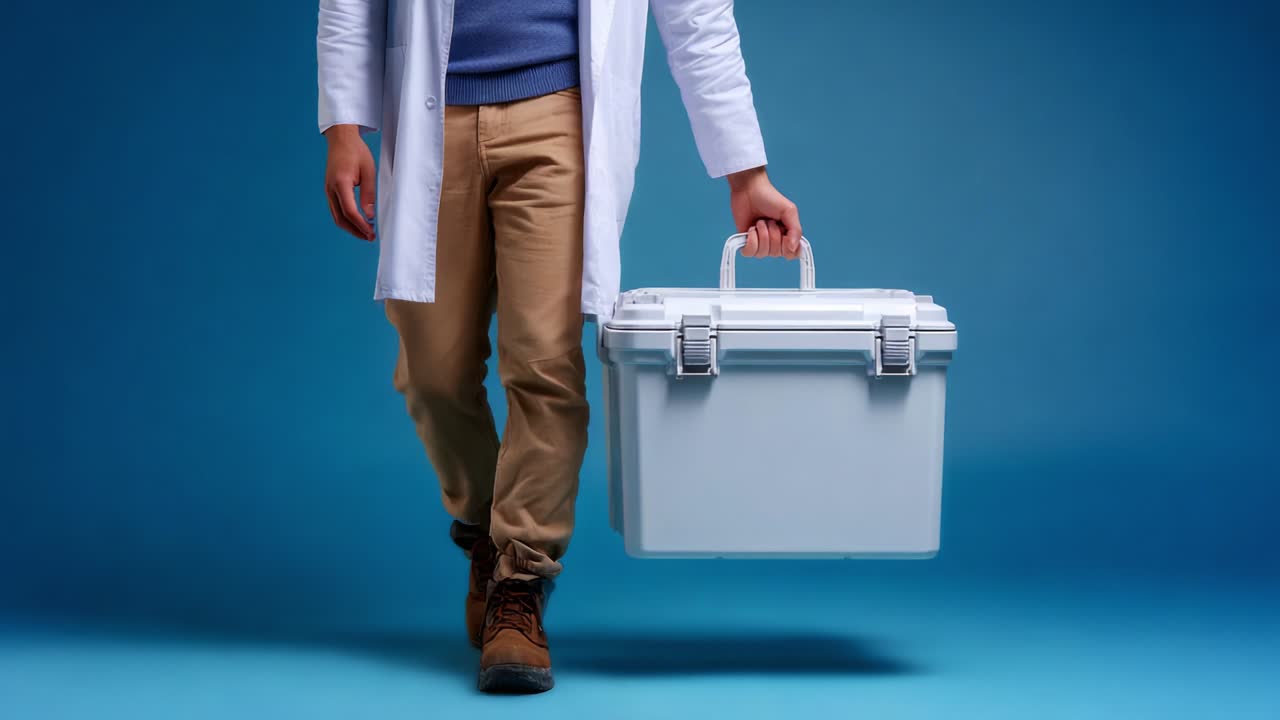 A Professional in a White Lab Coat Carrying a Medical Supply Box, Focused on Safety and Preparedness, Illuminated Against a Soft Blue Background, Showcasing Clinical Readiness and Medical Equipment