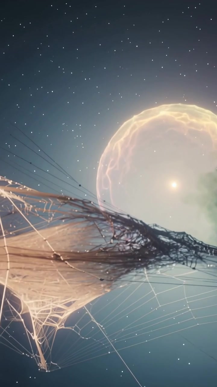 Vertical video: Pulling camera revealing translucent web rippling in space toward glowing planet