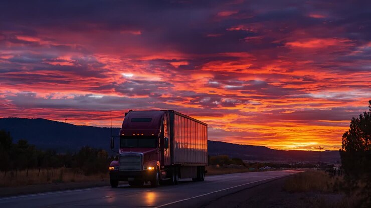 Captivating Sunset Over a Highway with a Majestic Truck Silhouetted Against Vibrant Orange and Purple Skies, Highlighting the Beauty of Nature and the Journey of Transportation Amidst Scenic Landscapes