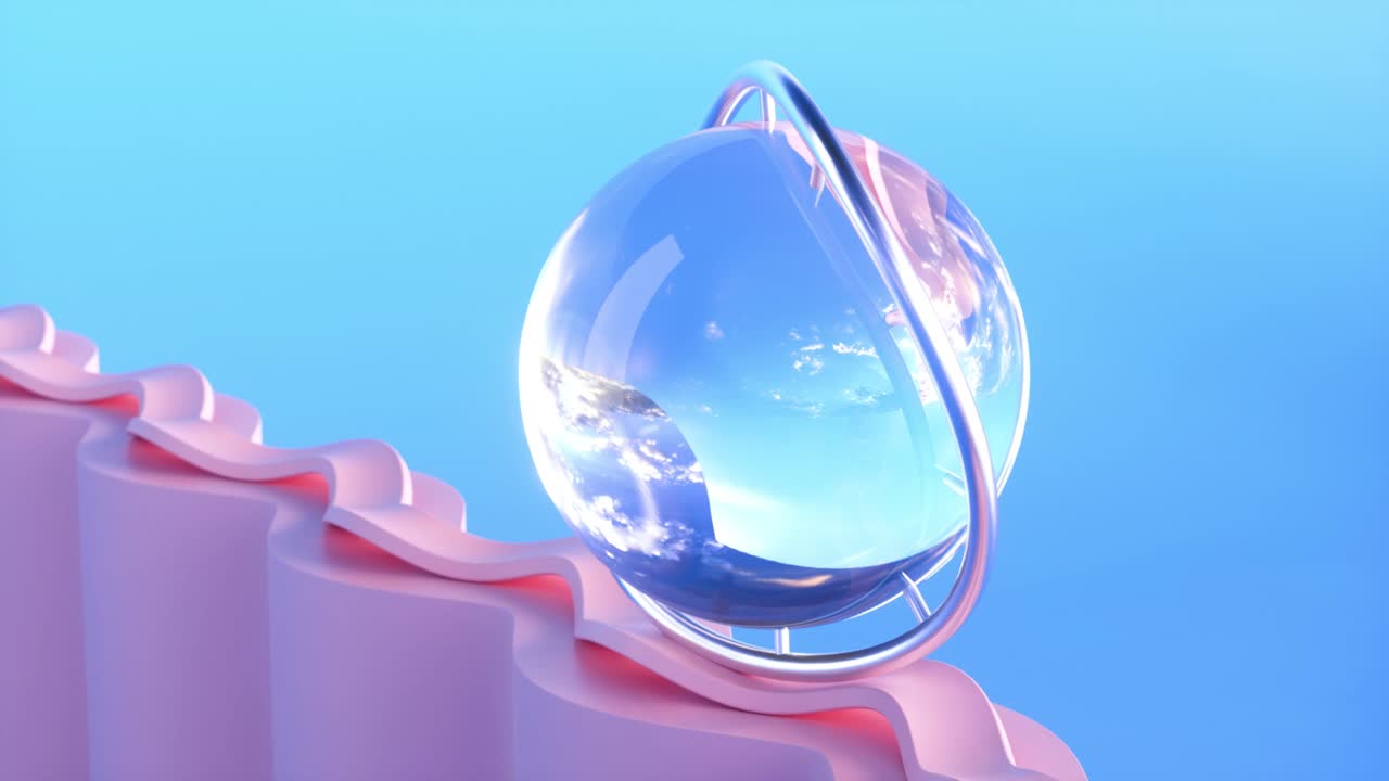 구부러진 표면에서 회전하는 금속 반지와 함께 루프 된 유리 공. 만족스러운 3d 비디오