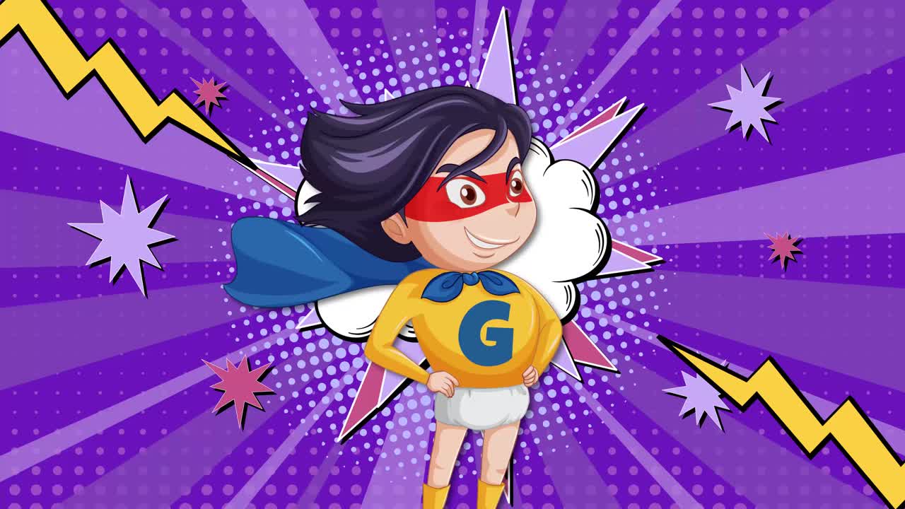 슈퍼히어로 소녀가 역동적인 효과로 나타납니다.