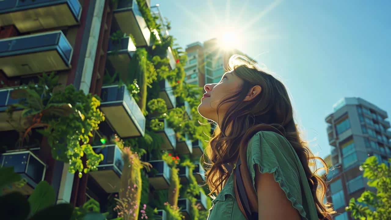Young woman looking up at a green building under bright sunlight