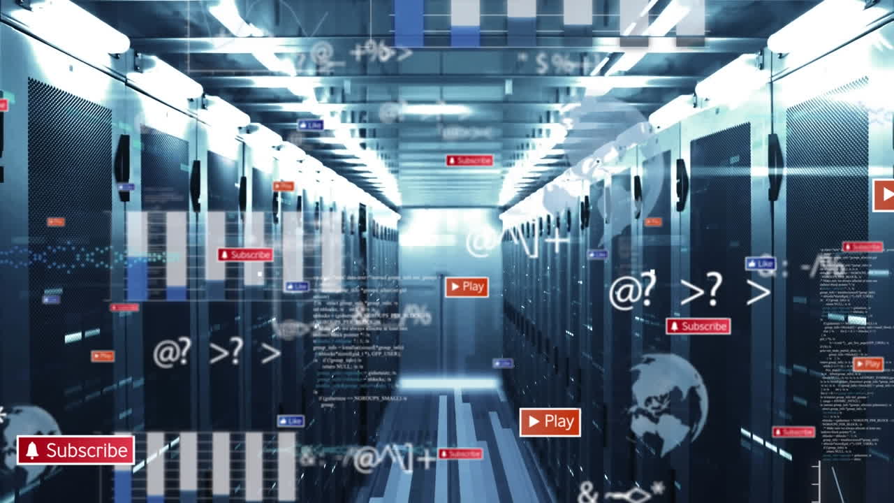 animación de iconos de medios y procesamiento de datos en la sala del servidor