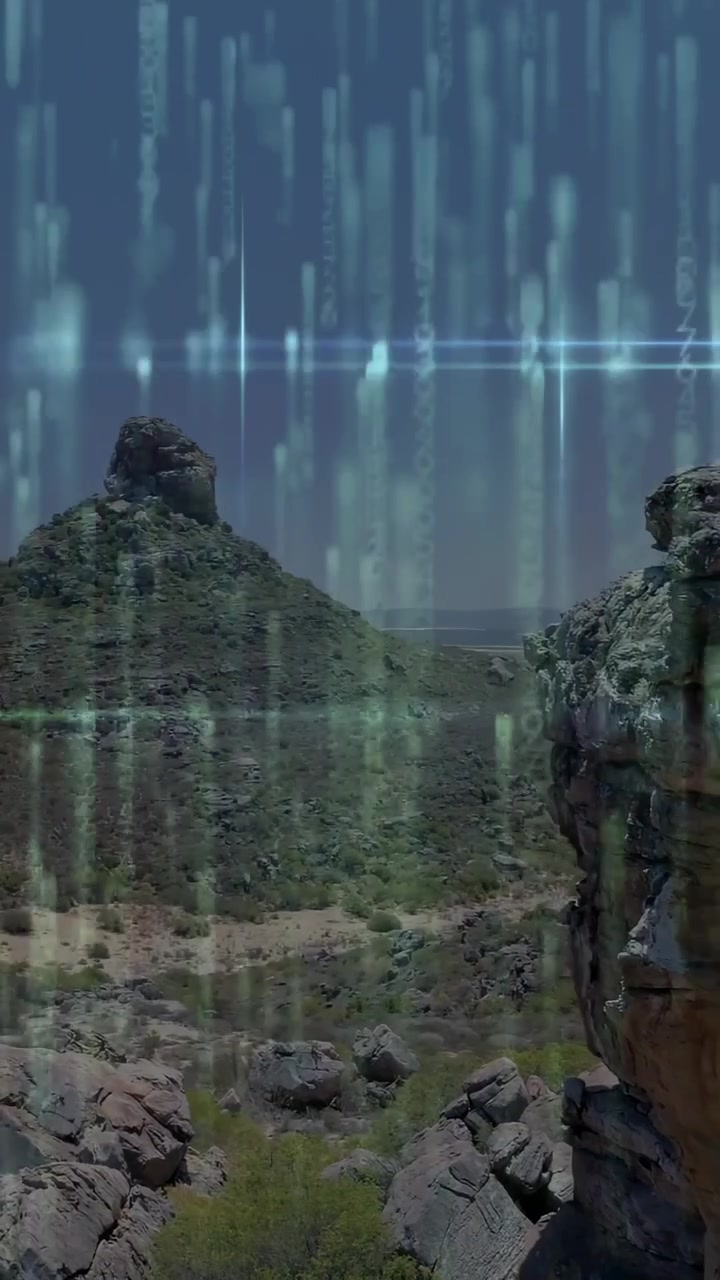 Vertical video: Teal scan falling causing camera pulling back panning right showing cliff for study