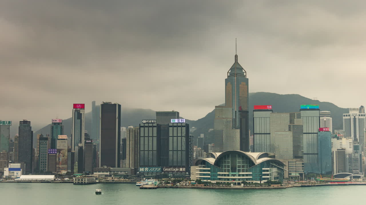 HONG KONG - 19 MARCH 2025 : Hong Kong Central city skyline filmed from across the harbour in kowloon