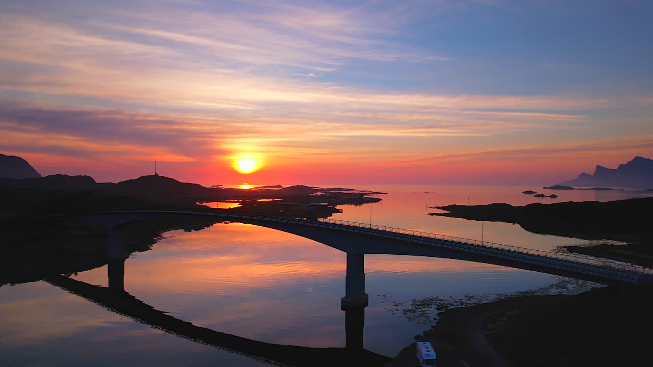Stunning aerial sunset shot of the famous Fredvang bridges in Lofoten Norway with a spectacular reflection and mountains