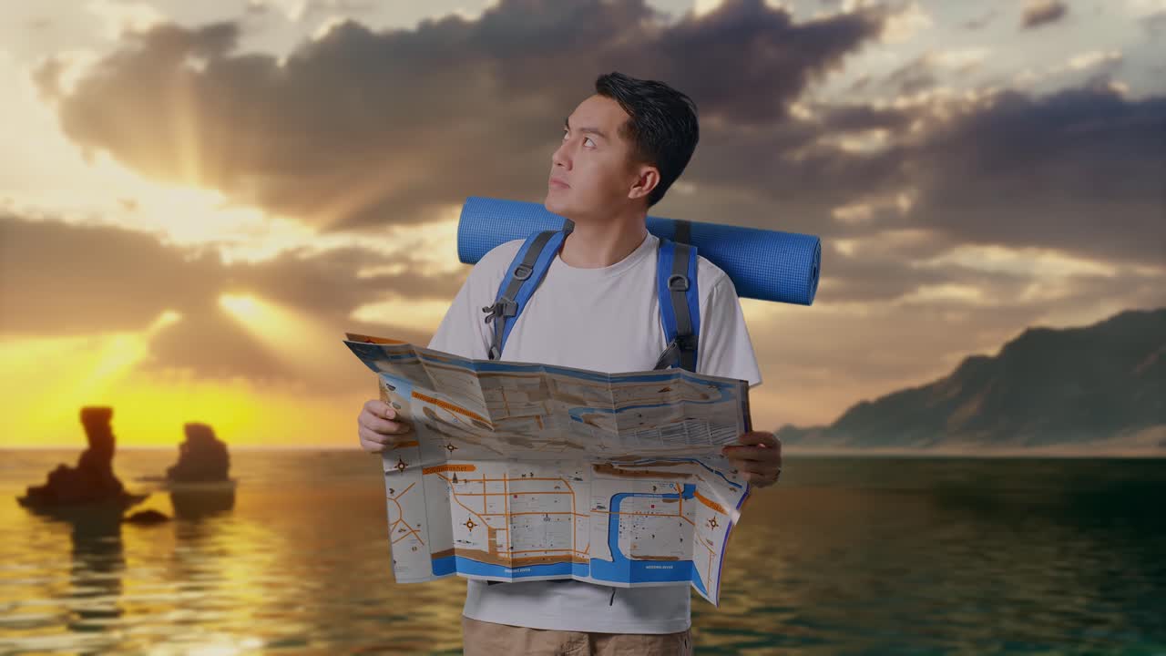 Pendaki Pria Asia Dengan Ransel Gunung Melihat Peta Kemudian Melihat Sekeliling di Pantai