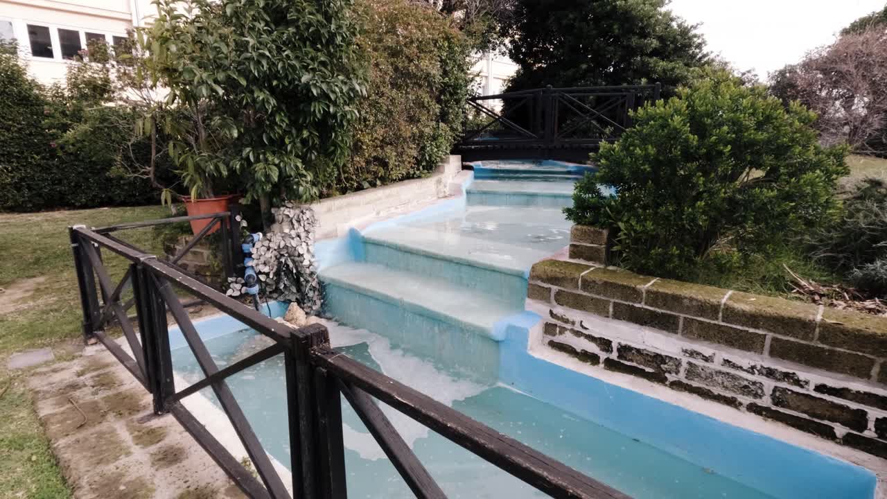 Relaxing garden with cascading water features and lush greenery in a serene setting