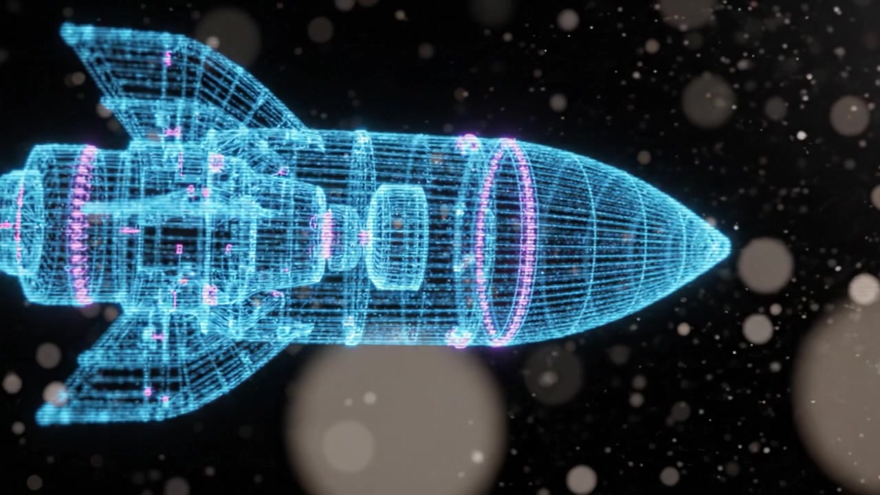 A Stunning 3D Visualization of a Rocket Launching, Showcasing Advanced Holographic Technology and Futuristic Design Elements in Space Exploration.