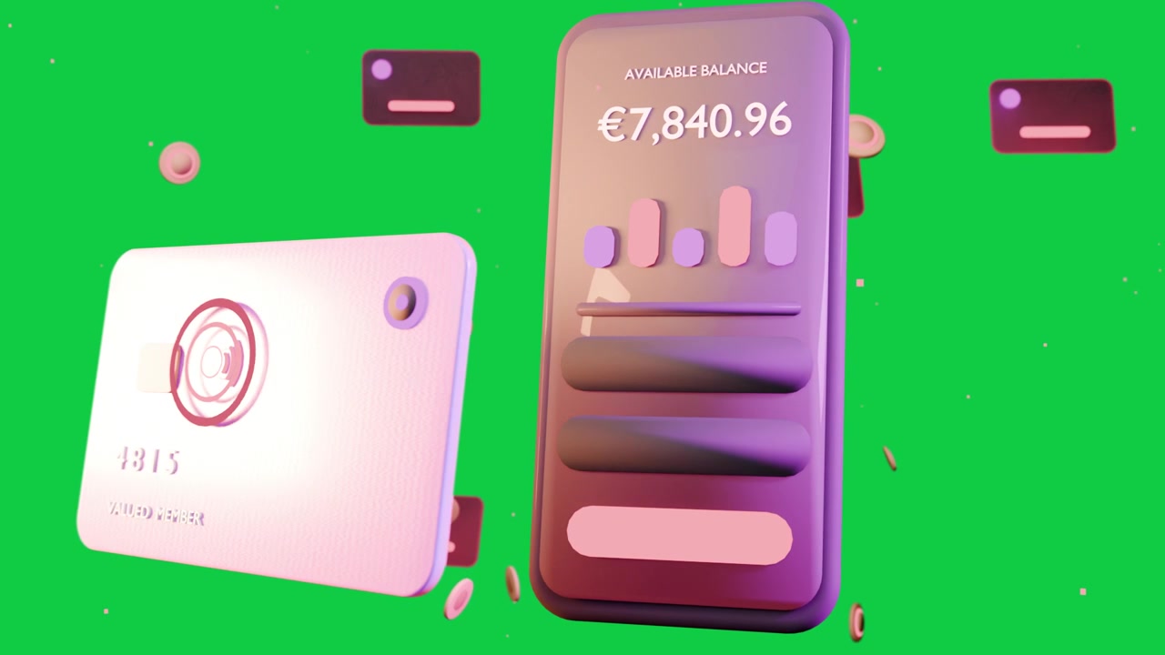 Panels drifting, causing phone rising, card rotating, showing balance €7,840